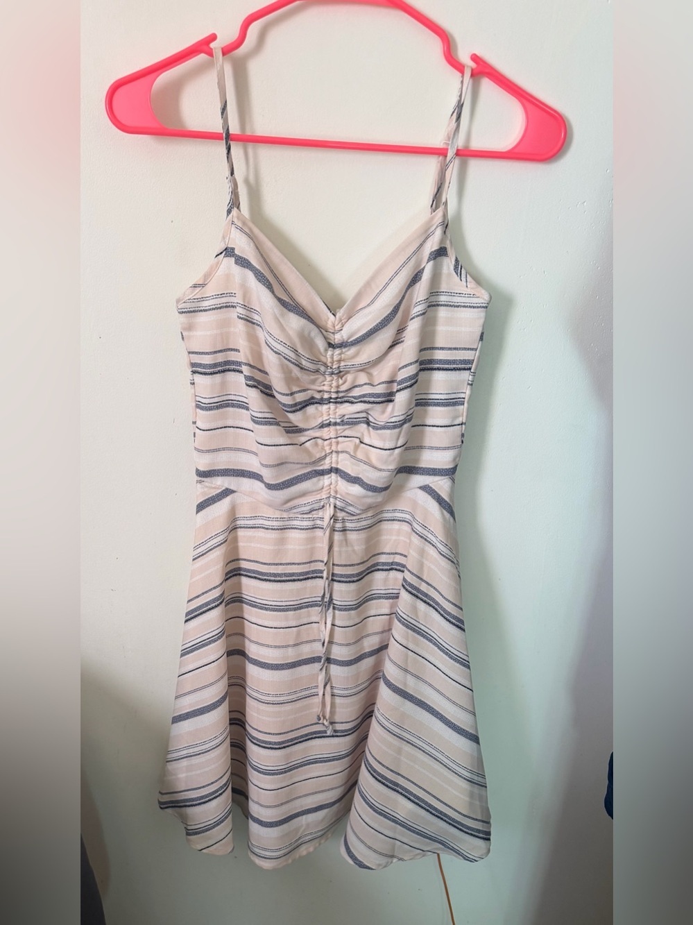 Trixxi Cream and Navy Striped Ruched Mini Dress